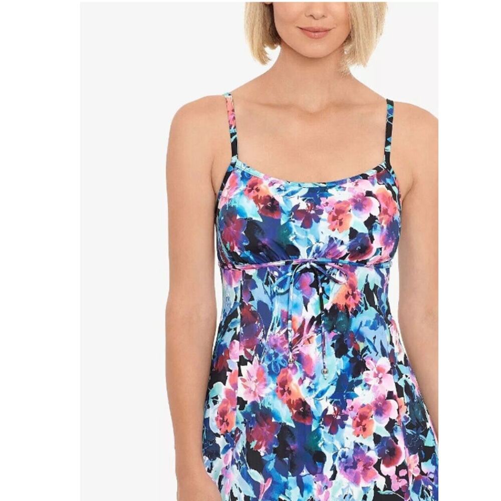 Swim Solutions Floral Empire-Waist Tummy-Control Swimdress Swimsuit 16 NWT - Picture 1 of 4